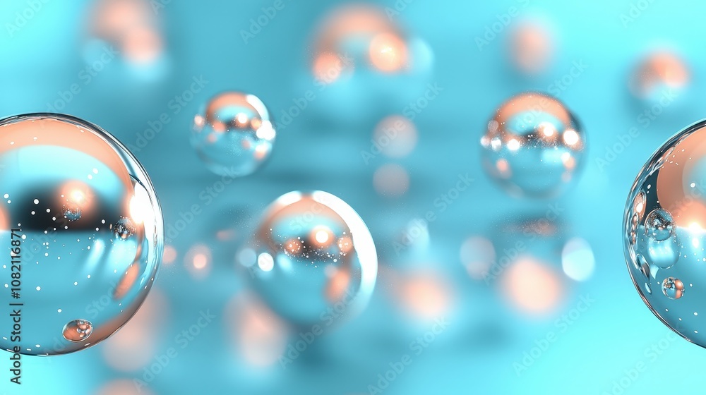Shimmering transparent bubbles floating in soft blue abstract background Shimmering transparent bubbles floating in soft blue abstract background
