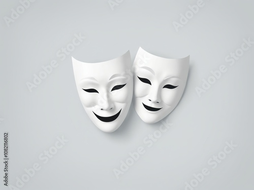 Close-up of a pair of comedy and tragedy masks on a plain backdrop