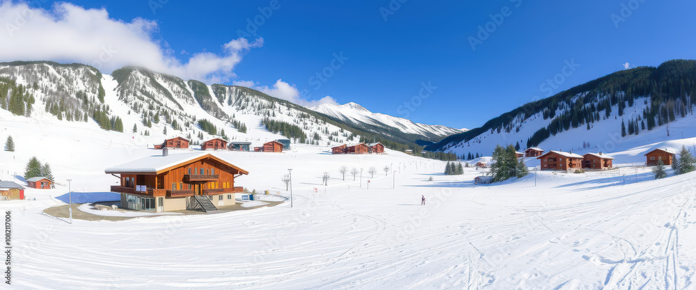 Grandvalira Resort in Winter - Wide snowy slopes and cozy ski chalets under a clear sky. Grandvalira Resort in Winter - Wide snowy slopes and cozy ski chalets under a clear sky.
