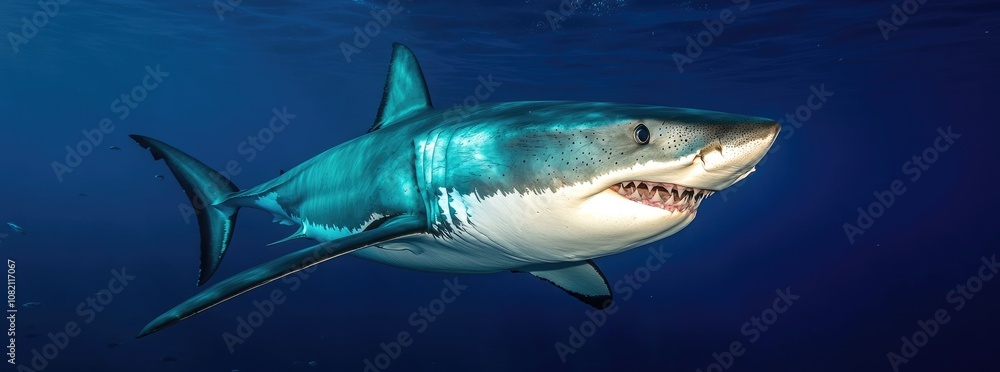 an adult white shark swimming gracefully in the deep blue ocean an adult white shark swimming gracefully in the deep blue ocean