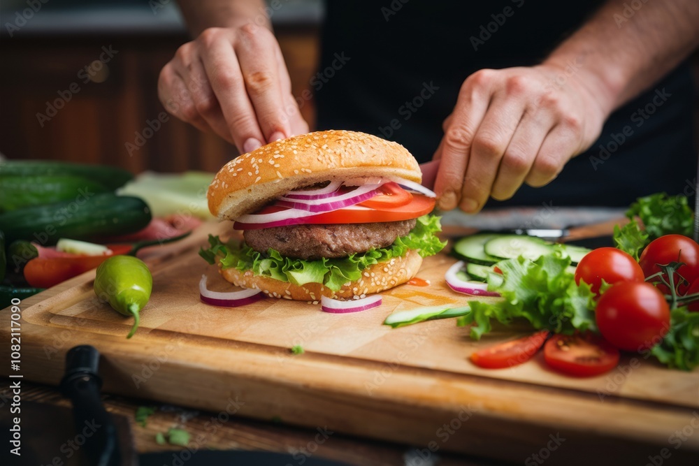 Artisan Burger Creation: A close-up shot of hands skillfully assembling a juicy burger on a rustic wooden board, surrounded by fresh, vibrant vegetables. Artisan Burger Creation: A close-up shot of hands skillfully assembling a juicy burger on a rustic wooden board, surrounded by fresh, vibrant vegetables.