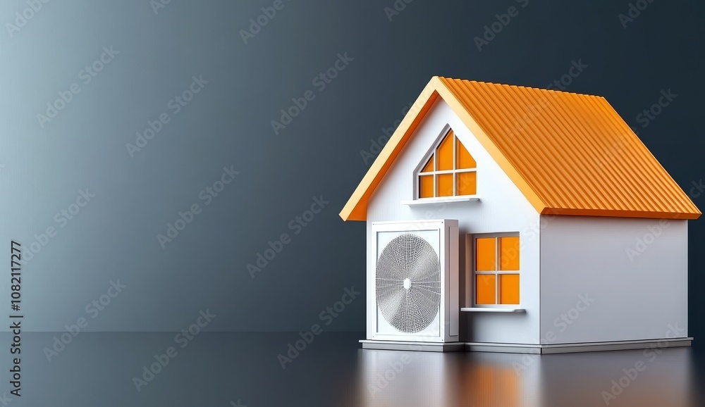 Isometric view of small house built on old white connected heat pump Isometric view of small house built on old white connected heat pump