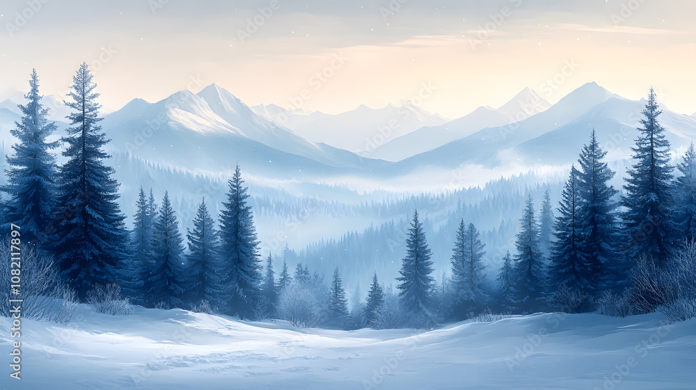 Fototapeta premium Snow-covered mountain landscape illustration with soft, pastel shades of blue and white, gentle snowfall in the background, and evergreen trees scattered across the scene.