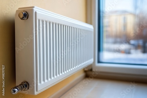 Wallpaper Mural White room with radiators and a window overlooking a winter forest. It is snowing outside. Torontodigital.ca