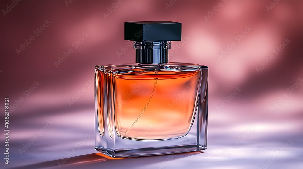 A close-up of a glass bottle of perfume with a black cap and a light amber liquid. The bottle is sitting on a table with a pink background. A close-up of a glass bottle of perfume with a black cap and a light amber liquid. The bottle is sitting on a table with a pink background.
