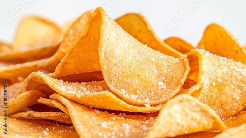 Chips crunch flavor photo. Extreme macro of salted chip edges, detailed crunch and salt crystals, closeup snack shot photo