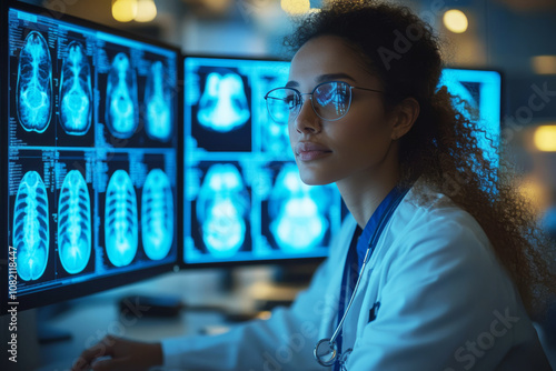 Female radiologist diligently reviews multiple X-ray scans displayed on dual monitors in a sleek, high-tech medical office, focusing on diagnosing patient conditions