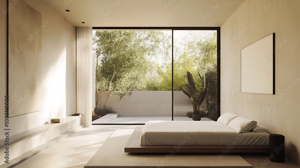 Fototapeta premium Minimalist bedroom with large windows overlooking a garden.
