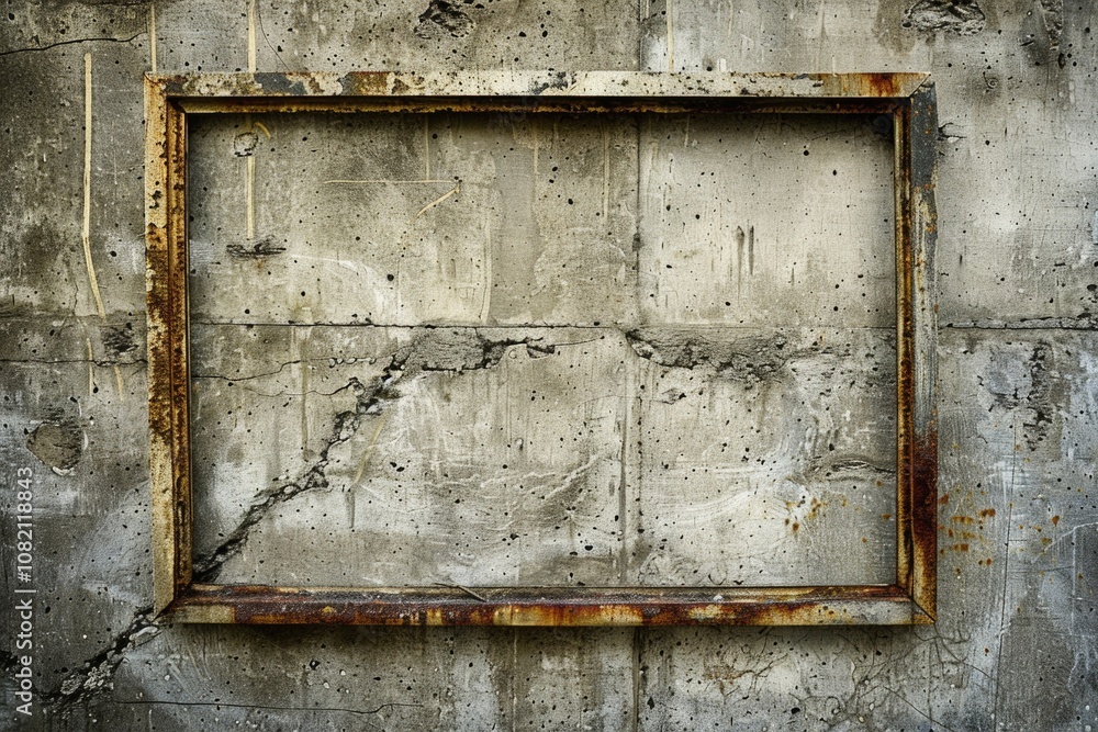 Naklejka premium A picture frame sits on a weathered concrete wall with visible signs of rust