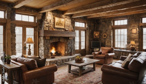 A rustic living room with wooden beams, leather furniture, and a stone fireplace