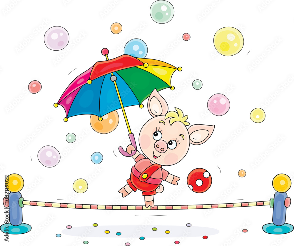 Funny little piglet equilibrist playing with a multi colored striped umbrella and balancing on a taut rope in a fun circus performance, vector cartoon illustration on a white background Funny little piglet equilibrist playing with a multi colored striped umbrella and balancing on a taut rope in a fun circus performance, vector cartoon illustration on a white background