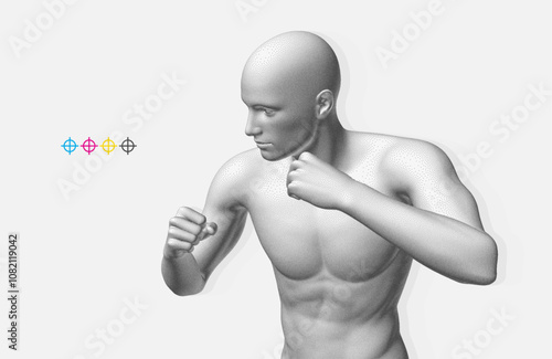 Boxer standing in pose and ready to fight. Sport symbol. Concept of will win or power of spirit. Model of an athlete with stipple effect. Designer's aim on CMYK targets. 3D vector for design.
