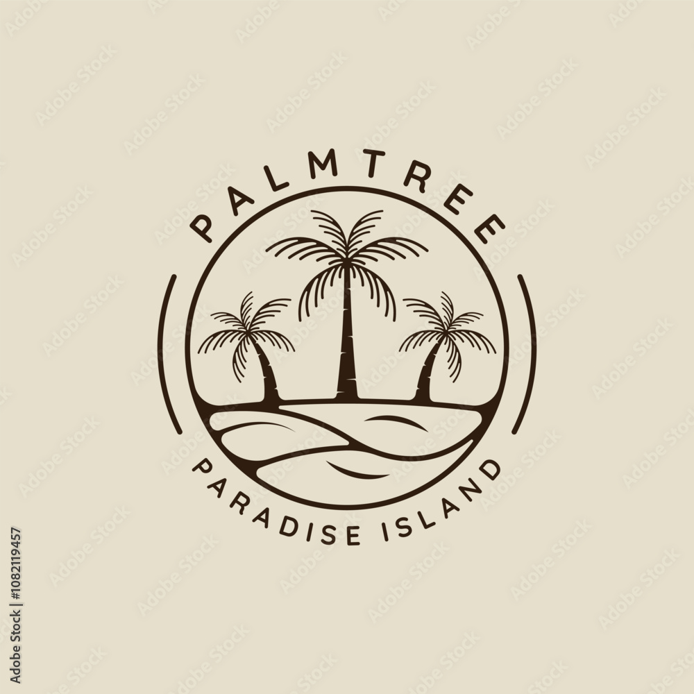 Naklejka premium palm tree and ocean logo line art simple minimalist vector illustration template icon design. paradise island and coconut tree with beach sign or symbol and circle badge and typography