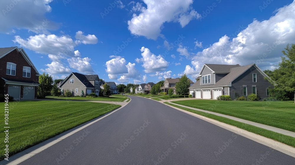 front view of beautiful houses in an upscale neighborhood, showcasing various types and styles of homes with lush green lawns, neatly trimmed trees and shrubs, and classic garage doors or modern conte front view of beautiful houses in an upscale neighborhood, showcasing various types and styles of homes with lush green lawns, neatly trimmed trees and shrubs, and classic garage doors or modern conte
