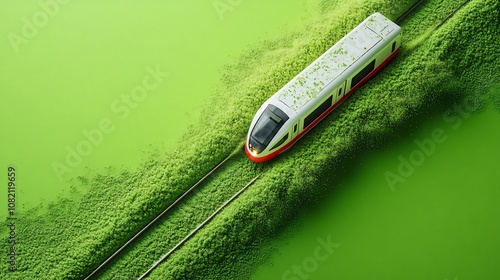 A white and red train runs on railway tracks through green powder,  with a green background.