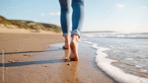 Serene Moment of Barefoot Walking Along the Shore, Embracing Nature's Beauty with Gentle Waves Lapping the Sandy Beach and a Clear Blue Sky Above