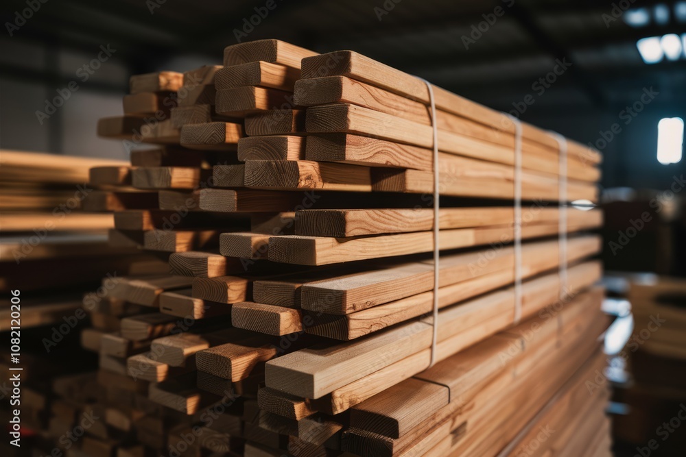 Stacked Lumber in Warehouse: Close-up view of neatly stacked lumber in a warehouse setting, showcasing the texture and color of the wood. Ready for construction or manufacturing. Stacked Lumber in Warehouse: Close-up view of neatly stacked lumber in a warehouse setting, showcasing the texture and color of the wood. Ready for construction or manufacturing.