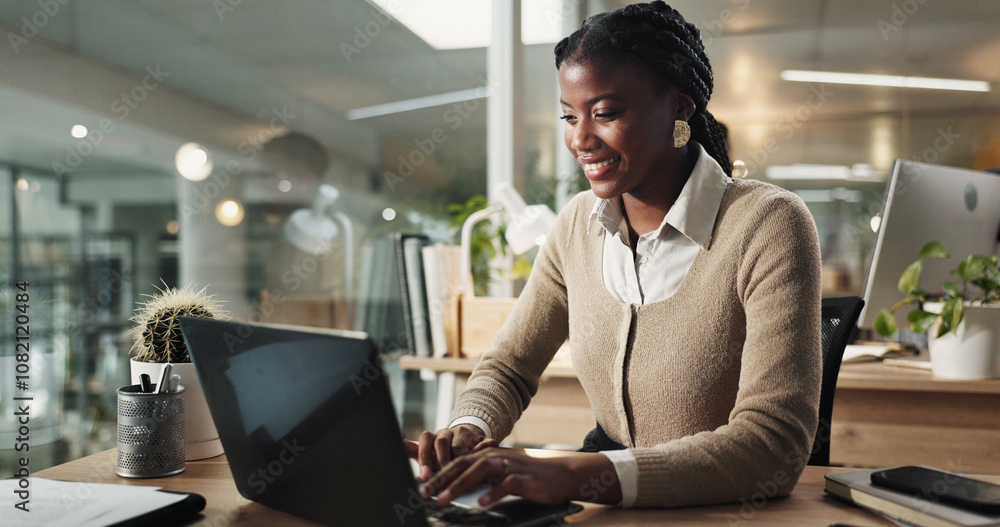 Black woman, laptop and news communication in office, email client and online to update website. Female person, journalist and chat to contact for quote in workplace, night and reporter for article Black woman, laptop and news communication in office, email client and online to update website. Female person, journalist and chat to contact for quote in workplace, night and reporter for article