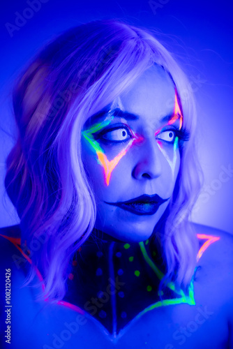 Portrait of a model wearing clown makeup with fluorescent eyewear