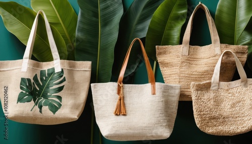 A series of eco-friendly tote bags made from plant-based fibers such as banana leaves and jute photo