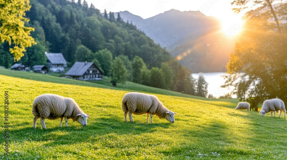 Fototapeta premium Sheep Grazing in a Lush Meadow at Sunset with a View of Mountains and a Lake