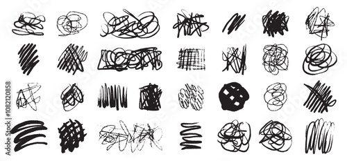 Hand drawn messy chaotic scribble lines collection. Brush freehand doodle scribbles on white background