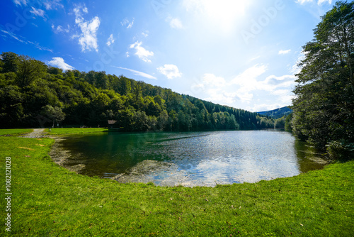 Landscape by the lake near Bruchhauser Steine ​​on Istenberg in the Rothaar Mountains. Hiking trails in the Sauerland.
 photo