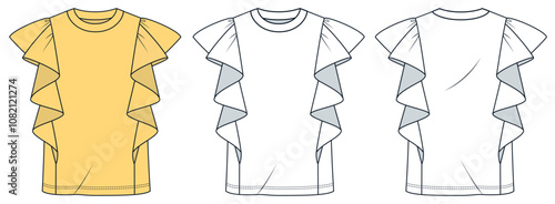 Ruffle Tee Shirt fashion flat technical drawing template. Top technical fashion illustration, round neck, relaxed fit, front and back view, white, yellow, women CAD mockup set.
