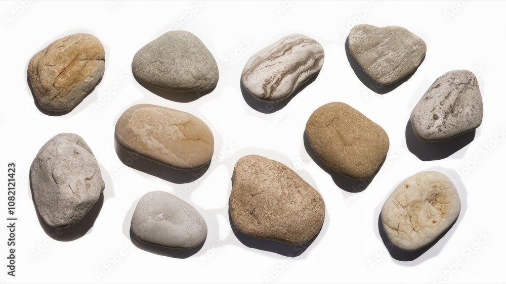 Smooth River Stones: A collection of 10 smooth, river-worn stones in various shades of beige, brown, and gray, scattered on a white background. The stones are arranged in a random pattern. Smooth River Stones: A collection of 10 smooth, river-worn stones in various shades of beige, brown, and gray, scattered on a white background. The stones are arranged in a random pattern.