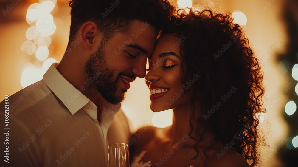 A happy couple shares an intimate moment on New Year's Eve, surrounded by glowing decorations, while toasting with champagne in celebration A happy couple shares an intimate moment on New Year's Eve, surrounded by glowing decorations, while toasting with champagne in celebration