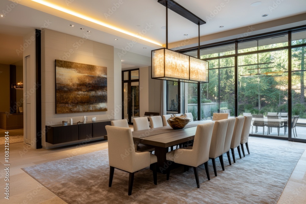 Fototapeta premium Elegant modern dining room interior featuring neutral tones and sleek furniture design in a spacious setting