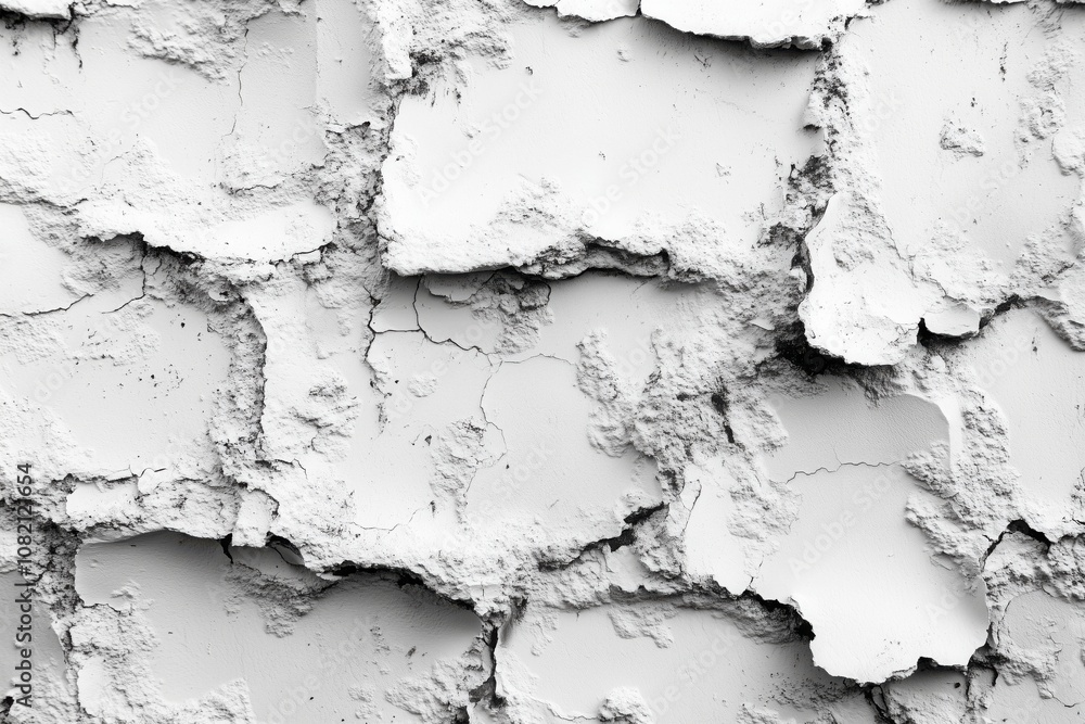 Detailed look at a severely cracked and worn white wall, displaying a coarse and irregular texture indicative of decline and deterioration Detailed look at a severely cracked and worn white wall, displaying a coarse and irregular texture indicative of decline and deterioration