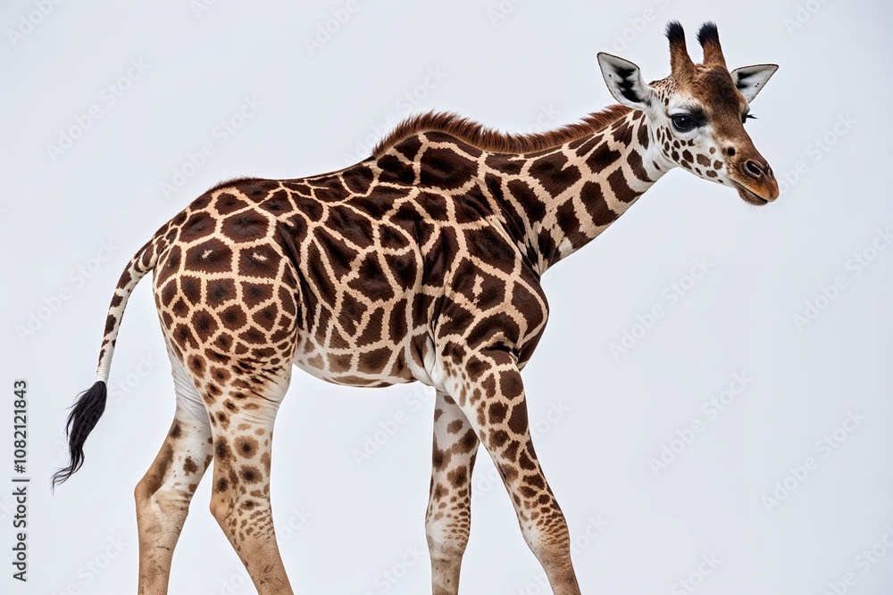 Obraz premium Giraffe Calf Standing Alone on White Background Cute Young Herbivore from Africa