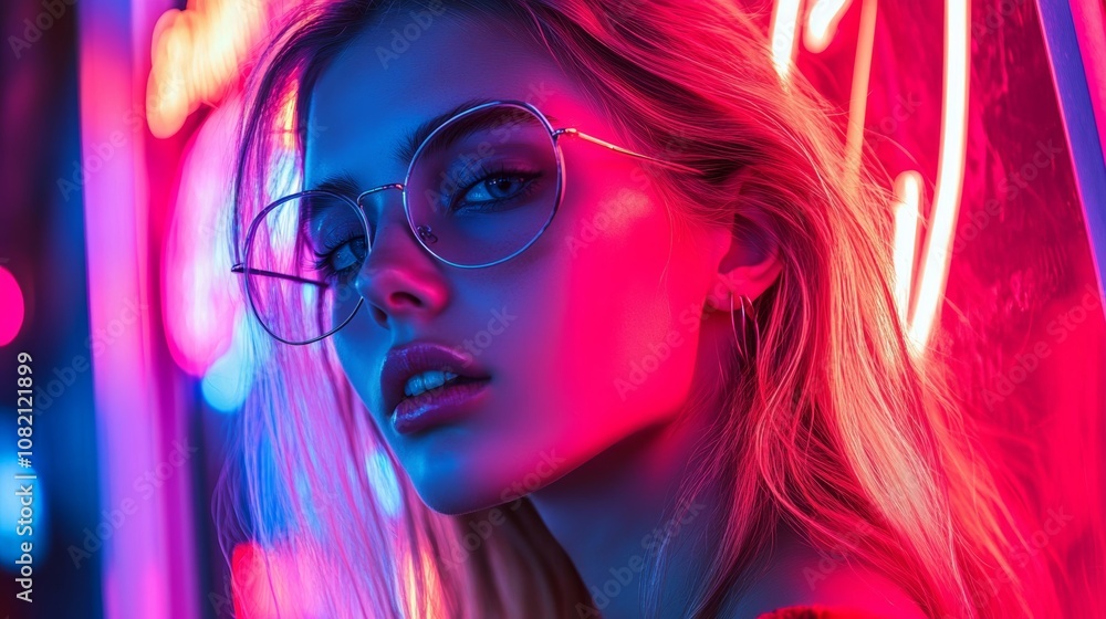A woman standing under neon signs, with bright neon lights illuminating her face, capturing the bold and vibrant vibe of neon photography A woman standing under neon signs, with bright neon lights illuminating her face, capturing the bold and vibrant vibe of neon photography