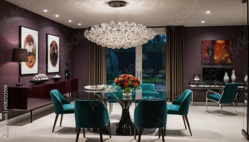 A sophisticated dining area with elegant glass furniture, modern lighting, and rich colors photo