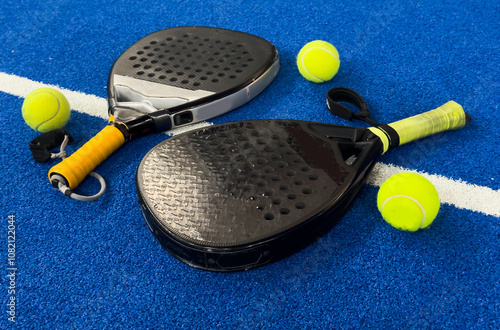 padel tennis racket sport court and balls  photo