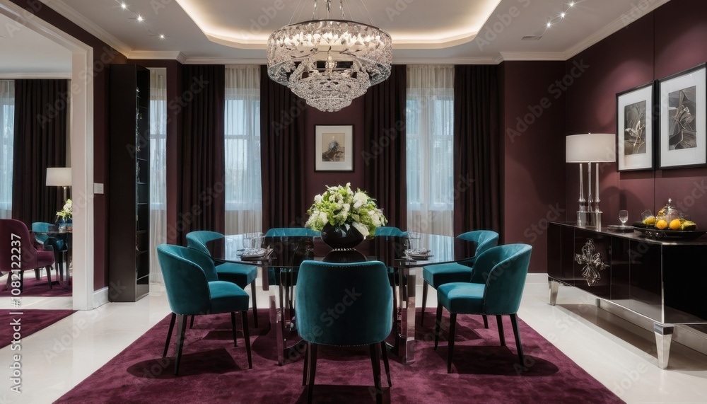 A sophisticated dining area with elegant glass furniture, modern lighting, and rich colors A sophisticated dining area with elegant glass furniture, modern lighting, and rich colors