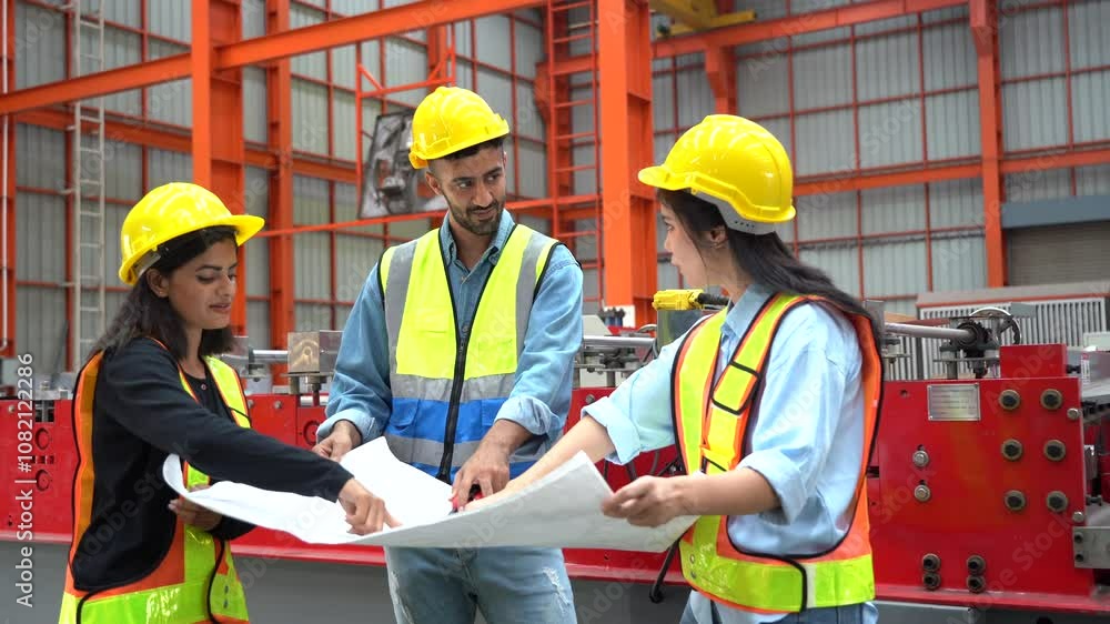 Indian engineer woman talking to Architect latin foreman and asian woman worker with Blueprints together industrial factory place of work. group of diversity worker inspection construction site Indian engineer woman talking to Architect latin foreman and asian woman worker with Blueprints together industrial factory place of work. group of diversity worker inspection construction site