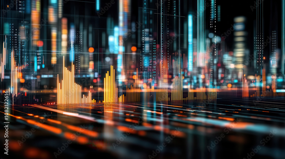 Digital cityscape with vibrant data visualization and glowing bars Digital cityscape with vibrant data visualization and glowing bars