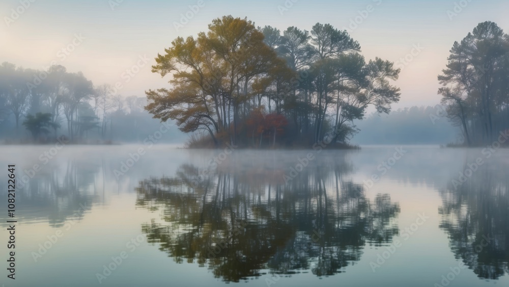 landscape of a calm lake with trees in fog landscape of a calm lake with trees in fog
