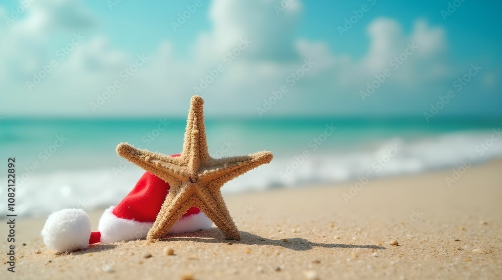 Christmas starfish with a Santa hat on the sandy beach Christmas starfish with a Santa hat on the sandy beach