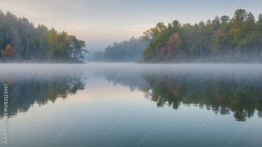 landscape of a calm lake with trees in fog landscape of a calm lake with trees in fog