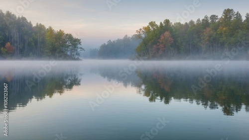 Wallpaper Mural landscape of a calm lake with trees in fog Torontodigital.ca