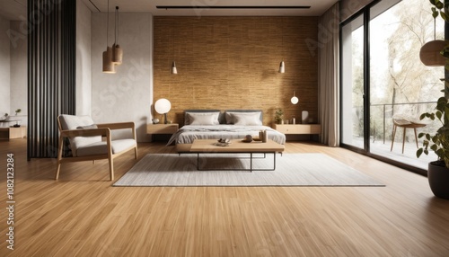 A sustainable interior concept with bio-material-based flooring, such as compressed bamboo and organic cotton tiles photo