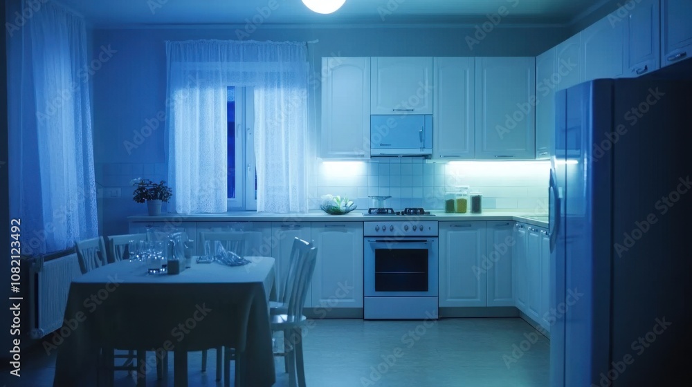 Modern Kitchen Interior with Soft Blue Lighting and Elegant Dining Setup, Showcasing Minimalist Design and Cozy Ambiance Perfect for Contemporary Living Spaces Modern Kitchen Interior with Soft Blue Lighting and Elegant Dining Setup, Showcasing Minimalist Design and Cozy Ambiance Perfect for Contemporary Living Spaces