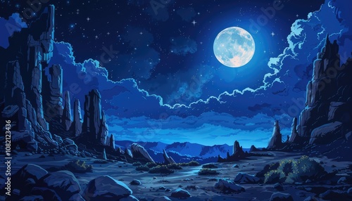 A Nighttime Desert Landscape with a Full Moon and Starry Sky