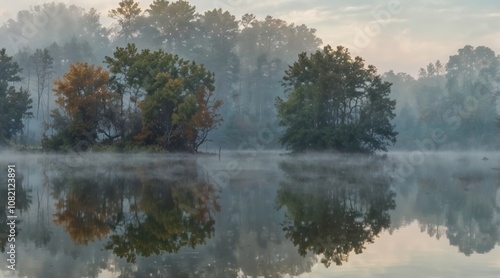 landscape of a calm lake with trees in fog