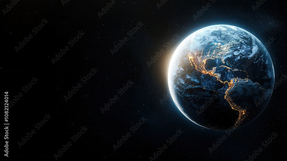 Earth with glowing cities at night, showcasing its beauty and fragility. planet is surrounded by dark space, emphasizing contrast of light and darkness Earth with glowing cities at night, showcasing its beauty and fragility. planet is surrounded by dark space, emphasizing contrast of light and darkness