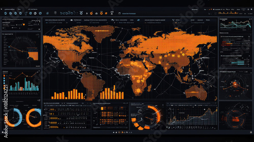 dynamic multi layered APM dashboard visualizing global application performance metrics with vibrant orange data points and detailed analytics, enhancing user engagement photo