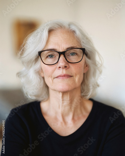 Confident and Intelligent Elderly Woman in Glasses